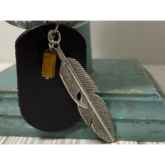 Brown Braided Leather Necklace W/ Feather Pendant & Amber Accent Adjustable - Picture 2 of 6